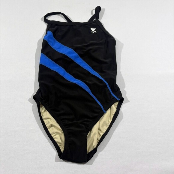 TYR Swimsuit Womens Black Blue One Piece Stretch Razorback Sz 30 - Picture 1 of 10